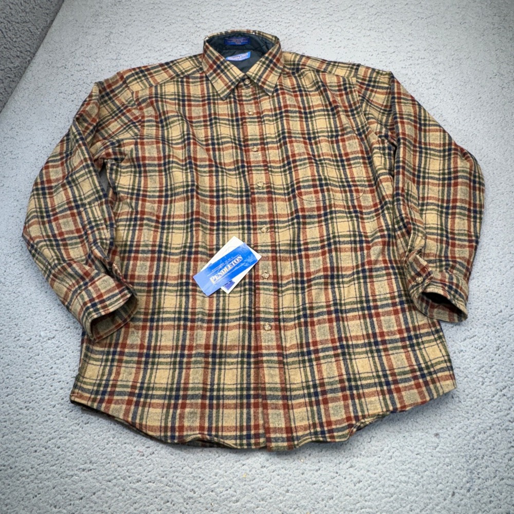 Pendleton Lodge Shirt Mens Medium Brown Plaid Wool Button Flannel Pocket Tags